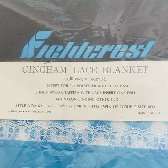 Vintage Fieldcrest Blanket Blue White Yellow Floral Satin Lace Trim 90x72 New - Picture 2 of 5